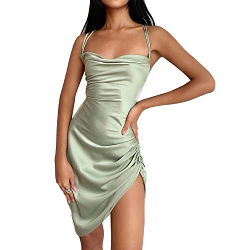 Velius Women's Sexy Spaghetti Strap Backless Lace up Bodycon Party Dress (Large, Light Green1)