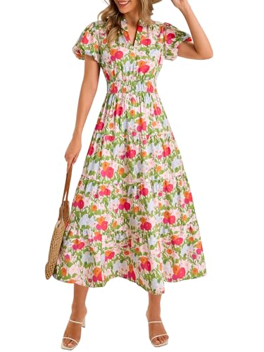 Wenrine Women Summer Boho Floral V Neck Puff Sleeve Maxi Dress with Pockets