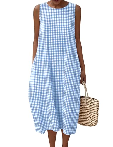 LOMON Summer Dresses for Women Cotton Casual Tank Dress Plaid with Pockets