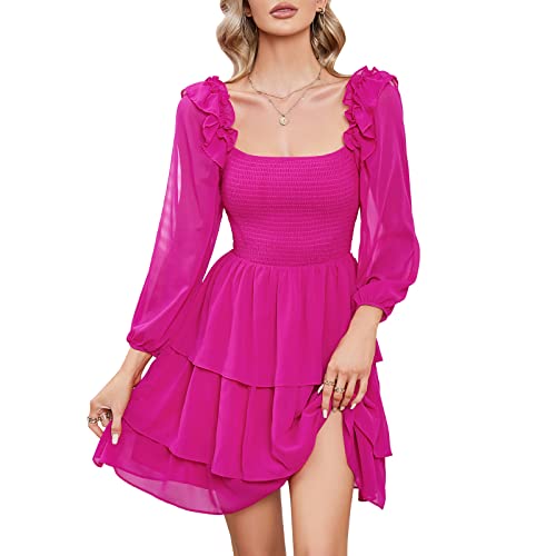 Byinns Women's Smocked Ruffle Mini Dress Square Neck Long Sleeve Party Dress Cute Cottagecore Wedding Guest Dress Pink