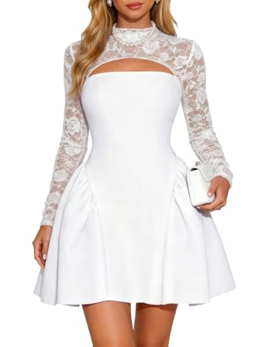 GOKATOSAU Women Elegant Lace Long Sleeve Flare Cocktail Mini Dress White