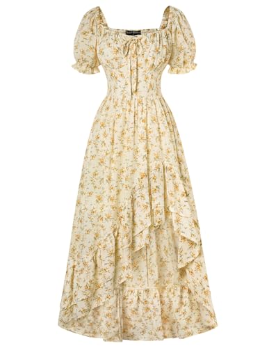 Women's Floral Corset Dress Chiffon Wedding Guest Sundress Yellow L | Off Shoulder, High-Low Ruffle Hem, Flowy A Line, Smocked Back Bodice,, with Pockets, for Summer Holiday Easter