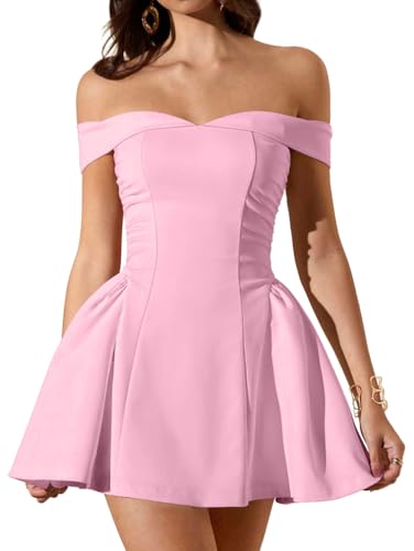 LAGSHIAN Women's Summer Sleeveless Off Shoulder A-line Mini Dress Pink | Classy Cocktail Party Fit and Flare Short Dress,Zipper Back,Waist Ruched,Stretchy,Homecoming