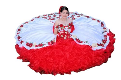 grxkiming Mexican Charro Quinceanera Wedding Prom Formal Dresses Red and White for Women Teens Damas Adult Off Shoulder with Pearls Flower Pattern Ruffles Satin Organza Gold Horse Embroidery Long 8