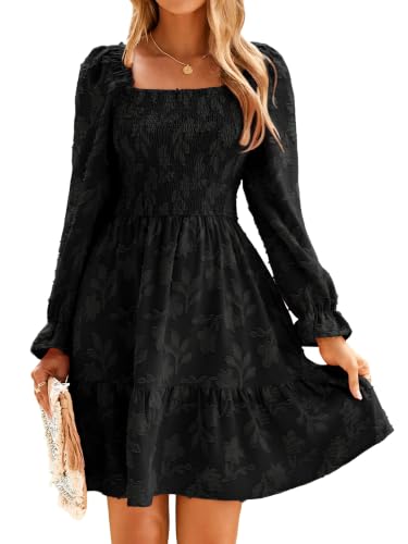 BerryGo Women's Square Neck Fall Long Sleeve Mini Dress Smocked Swing Ruffle Wedding Guest Dress Black S