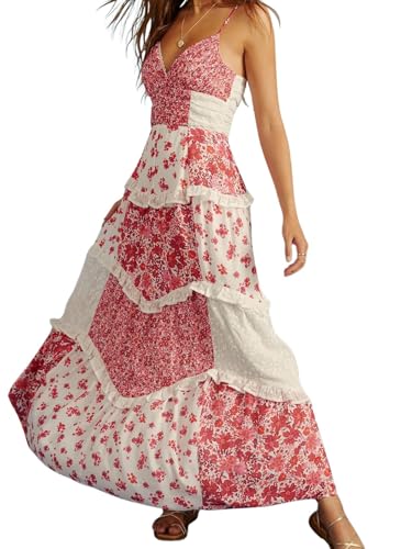 ebossy Womens Lace Patchwork Floral Maxi Dress Spaghetti Strap Sexy Backless Ruffle Tiered Boho Beach Sundresses (X-Small, Red)