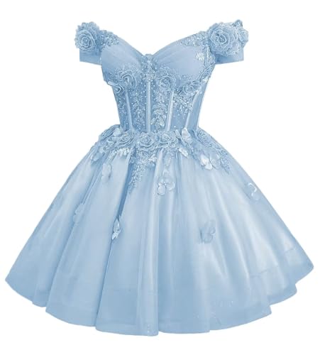 WDBFY Sparkly 3D Flowers Short Homecoming Dresses for Teens Baby Blue-2