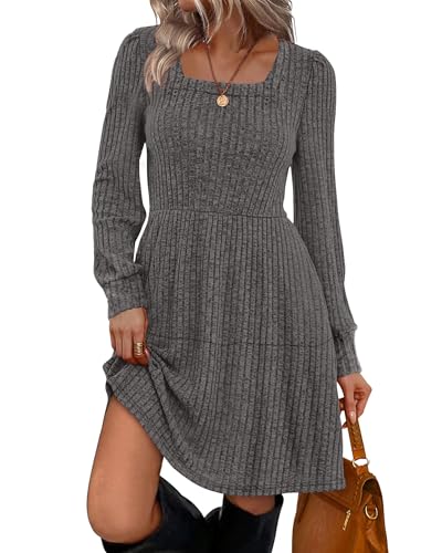 Sampeel Square Neck Womens Fall Babydoll Dresses Long Sleeve Sweater Dress Darkgrey M
