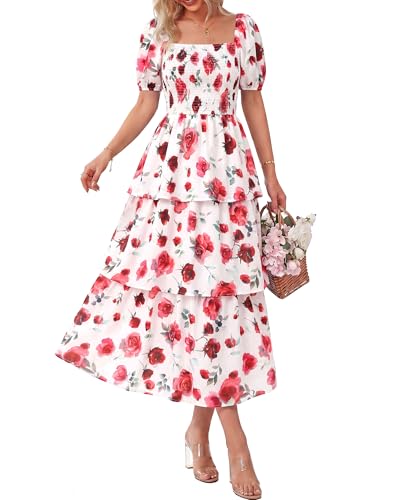 BTFBM Womens Floral Smocked Summer Maxi Dresses,Floral White Red,M