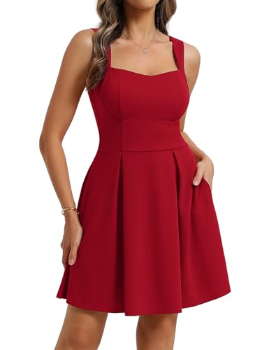 Belle Poque Women's Square Neck A Line Mini Dress with Pockets Red M