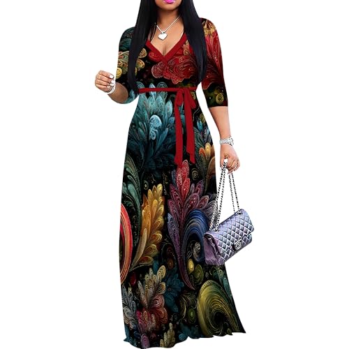 PinkPatty Women's Plus Size V Neck 3/4 Sleeve Boho Maxi Dress with Pockets(A-Retro Black/Colorful Floral XL)