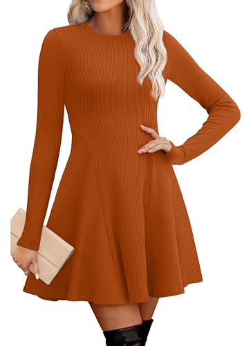 OFEEFAN Petite Fall Sweater Dress for Women Long Sleeve Dress Casual Party Fit and Flare A Line Dress Caramel XS