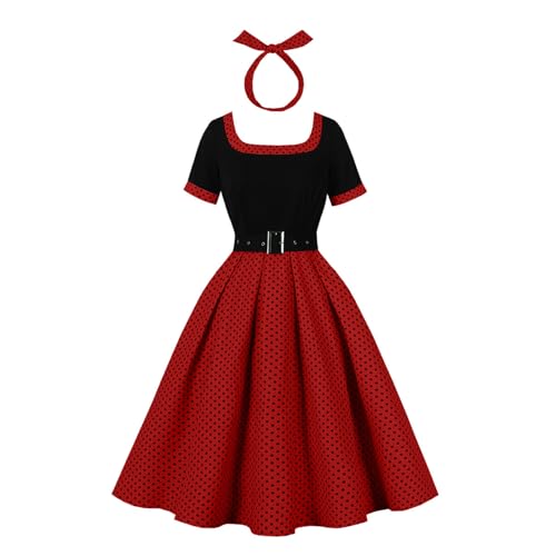 50s Vintage Dress for Women with Headband Belt Retro 1950s Polka Dot Dresses 50's Style Outfits Short Sleeve Audrey Hepburn Rockabilly Tea Party Swing Dresses Halloween Church Cocktail Dress Red XL