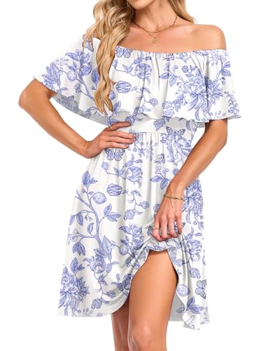 AUSELILY Womens Off Shoulder Summer Casual Ruffle Mini Dress with Pockets
