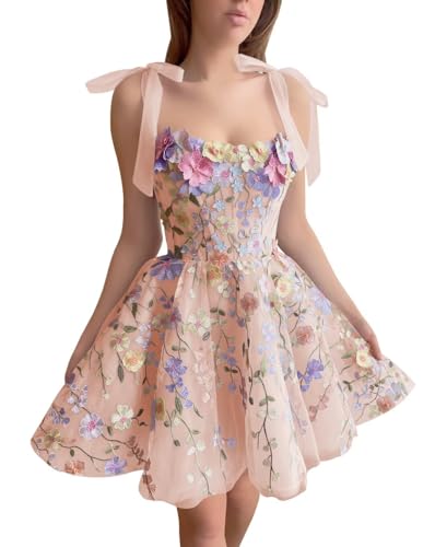 Youjiayi A Line Blush Pink Cocktail Dresses for Women Puffy Lace Tulle