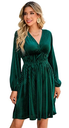 R.Vivimos Womens Velvet Striped Elastic High Waist Mini Dress Dark Green, S