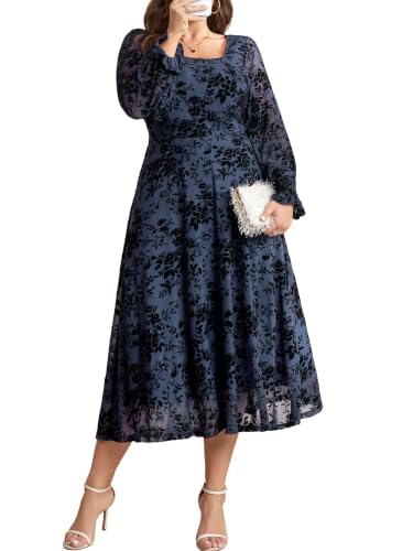 RWJ Plus Size Women's Lace Square Neck Long Sleeve Maxi Dress Blue XL | Elegant lace maxi dress with square neck and long sleeves for weddings, cocktail parties, and fall occasions