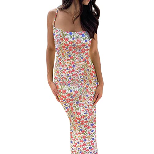 KMBANGI Women Cutout Backless Maxi Dress Sexy Sleeveless Floral Cocktail Dresses Bodycon Spaghetti Strap Long Dress Party(Flower Colorful,L)