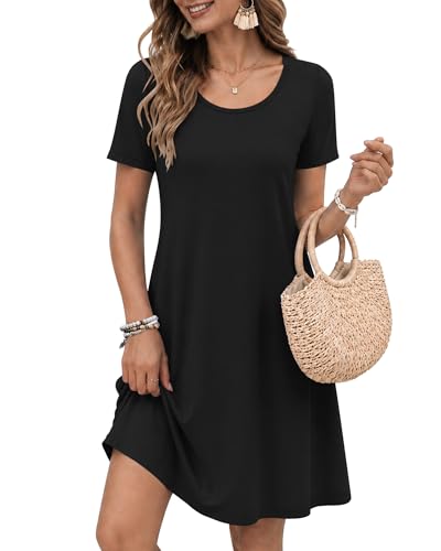 WNEEDU Women's Summer Casual T-Shirt Dress with Pockets (Black,3XL)