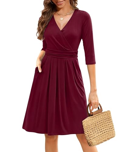 Zattcas Fall Wedding Guest Dresses for Women 2026 Wrap V Neck 3/4 Sleeve Aline Pleated Pockets Modest Spring Business Casual Outfits Teacher Office Work Church Dresses Burgundy Red L