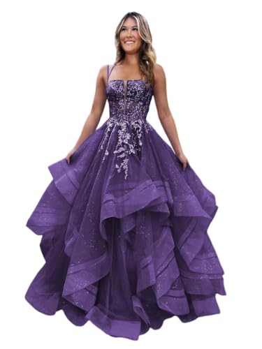 Ball Gown Prom Dresses Long Sparkly Tulle Lace Tiered Formal Evening Gowns Purple US4