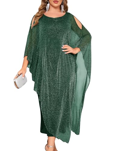 ZOMVA Plus Size Elegant Formal Dress Long Cape Overlay Wedding Guest Formal Cocktail Mother of Bride Outfit, Sparkly Green, 5X