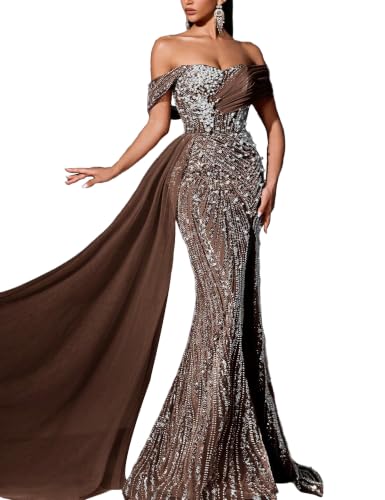 VOUIAO Women Formal Evening Beaded Prom Wedding Guest Dress Coffee brownM