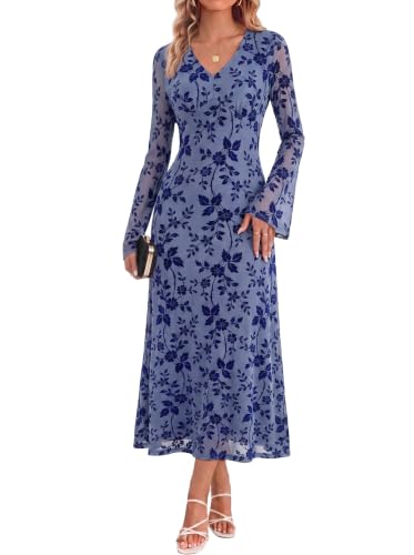 GRACE KARIN Women's Formal Floral Long Sleeve Maxi Dresses Gray Blue L