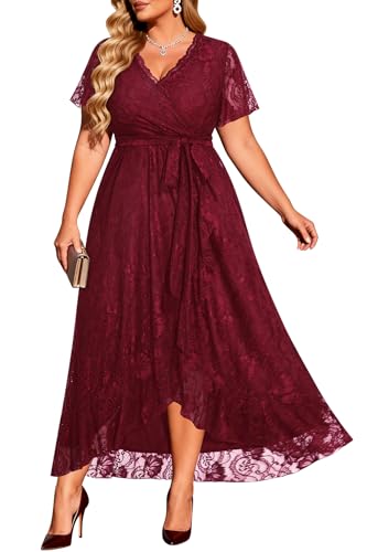 Pinup Fashion Plus Size Fall Wedding Guest Burgundy Formal Lace Long Dress | Flowy high-low hem, wrap v neck, short flutter sleeves, elegant A-line christmas holdiay party dresses for curvy women