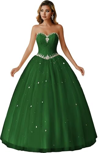 Likedpage Strapless Ball Gown with Colorful Rhinestones, Lace Bodice Floor Length Wedding Prom Dress US14 Dark Green