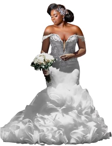 Elegant Mermaid Wedding Dresses for Bride Crystals Appliques Bridal Dress with Train Plus Size Rhinestone Wedding Gowns White-a