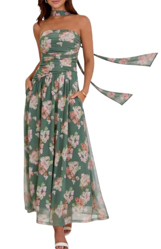 GERT COREL Women's Strapless Ruched Maxi Dress with Scarf, Wedding Guest