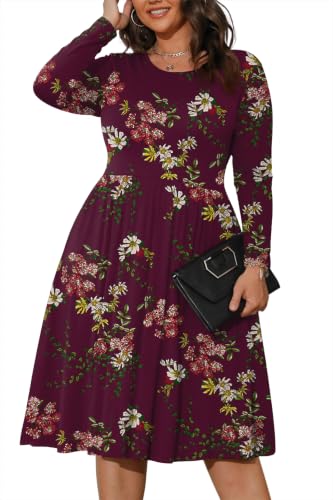 POSESHE Women's Plus Size Knee Length Dresses Casual Flowy Hem Empire Waist Midi Dresses,Wine Red Flower,2XL