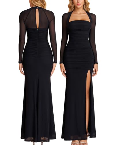 JKMNAO Women Fall Long Sleeve High Slit Formal Wedding Guest Maxi Dress