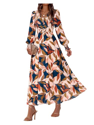 BTFBM Women Fall Wedding Guest Dresses 2026 Floral Boho Maxi Dress | Long Sleeve,V Neck,Smocked,Decorative Buttons,Prom,Cocktail,Homecoming,Brides,Bridal Shower,Fall Clothes