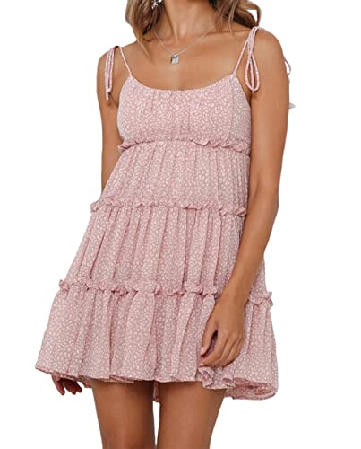 Mansy Womens 2026 Summer Floral Mini Dress Boho Flowy Skater Dresses Short Sleeveless Ruffle Spaghetti Strap Dress Pink