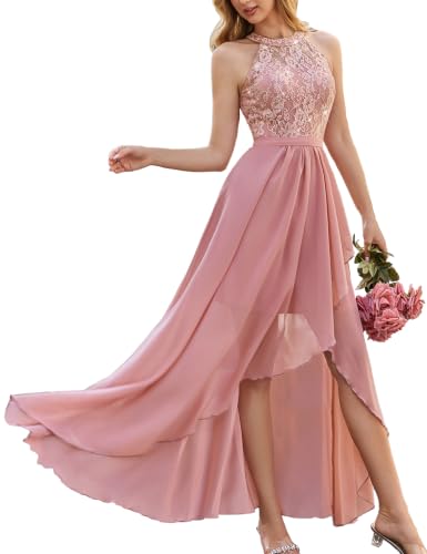 VOUIAO Women Bridesmaid Wedding Guest Dress Formal Prom Party Gown Pink XL | off shoulder party cocktail maxi homecoming dresses,sequin lace eyelet,round neck,asymmetric hem,a line chiffon evening gown