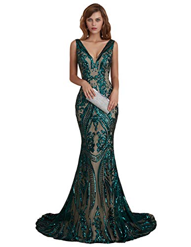 Ikerenwedding Women's V-Neck Sequins Sleeveless Lace-up Mermaid Evening Dress Green US24W