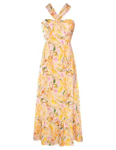 GRACE KARIN Womens Summer Floral Halter Boho Maxi Dresses Yellow Floral S | 2026 Flowy Criss Cross A Line Long Sundress Casual Tropical Vacation Beach Clothes Wedding Guest Dress With Pocket