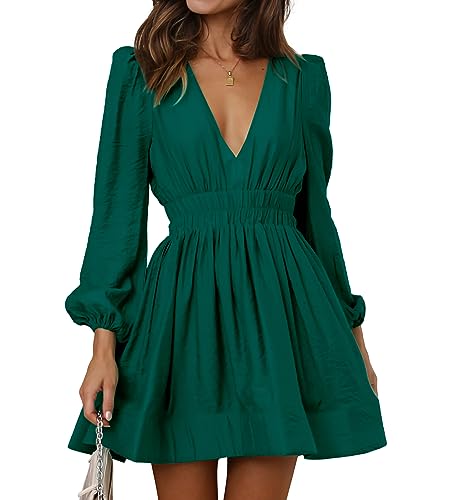 FAIABLE Mini Deep V Sexy Long Sleeve Dress for Women A-line High Waisted Casual Flowy Dress for Cocktail Wedding Guest Green