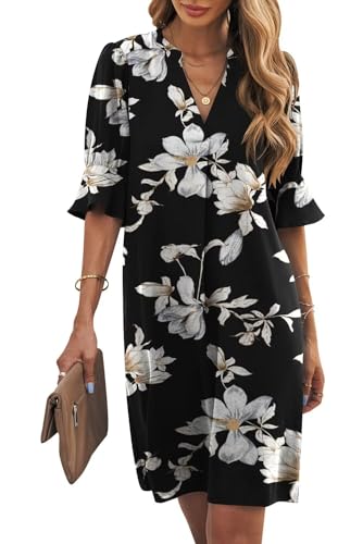 Wkior Womens Summer Ruffle Sleeve V Neck Shift Dress,Black Flowers,XL