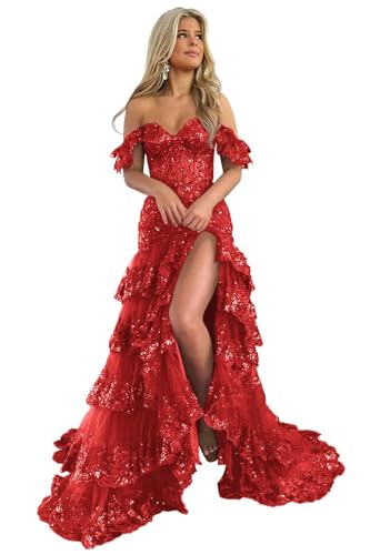 UZN Tiered Tulle Corset Prom Dresses 2026 Off Shoulder Red with Slit Mermaid Lace Long Ruffles Tight Sweetheart Formal Party Evening Gowns for Women US0