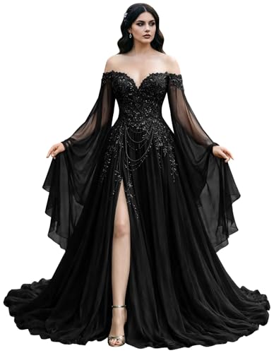 Mauuwy Black Gothic Wedding Dresses with Side Split Size 0