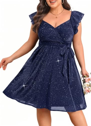Plus Size Navy Blue Sparkly Cocktail Dress V Neck Ruffle Sleeve Party