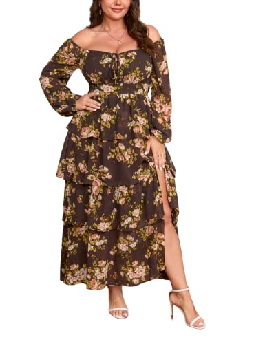 EYWOL Plus Size Wedding Guest Dress Floral Tiered Long Sleeve Maxi Dresses