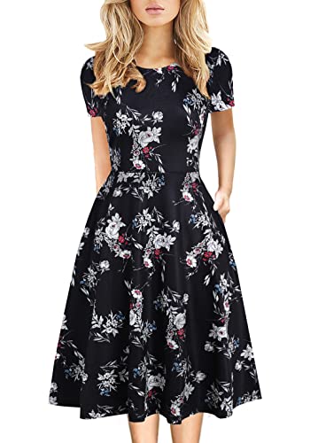 Knee Length Dress for Women Summer Vintage Floral A-Line Clothes Work Wedding Guest Flower Print Casual Party Dresses 162 Black White L