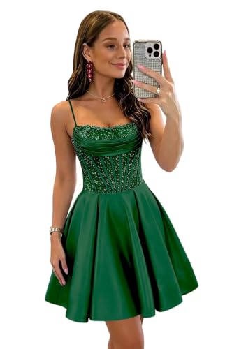 Sparkly Sequin Satin Homecoming Dresses 2026 A Line HOCO Dress Short Cocktail Party Gowns,Emerald Green,0