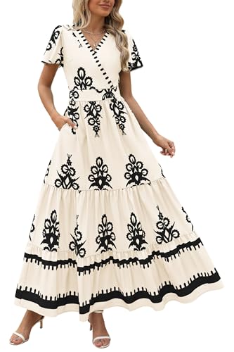 PRETTYGARDEN Womens Floral Boho Maxi Dress,Floral Apricot Black,L | Flutter Short Sleeve,Vneck Wrap,Tiered Ruffle,A Line Flowy Dresses,with Pockets,Summer Wedding Guest Beach Vacation Clothes