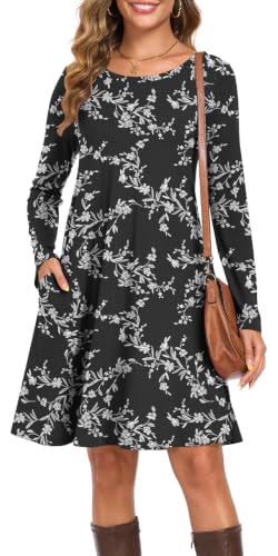 YVH Womens Fall Casual Long Sleeve Dresses with Pockets, Black Carving, XXL