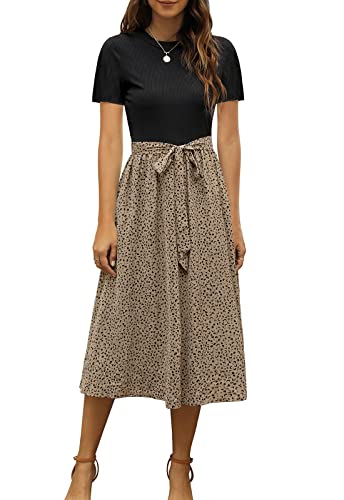 Zattcas Business Casual Work Summer Dresses for Women Black Brown S | Ribbed Short Sleeve Midi Dress with Pockets, Teacher Outfits for Women, Church Modest Office Teacher Dresses for Women 2026